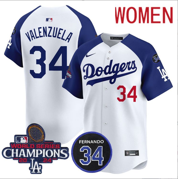 Women MLB Los Angeles Dodgers #34 Valenzuela white 2024 World Series Champions Patch Limited Jersey style 2